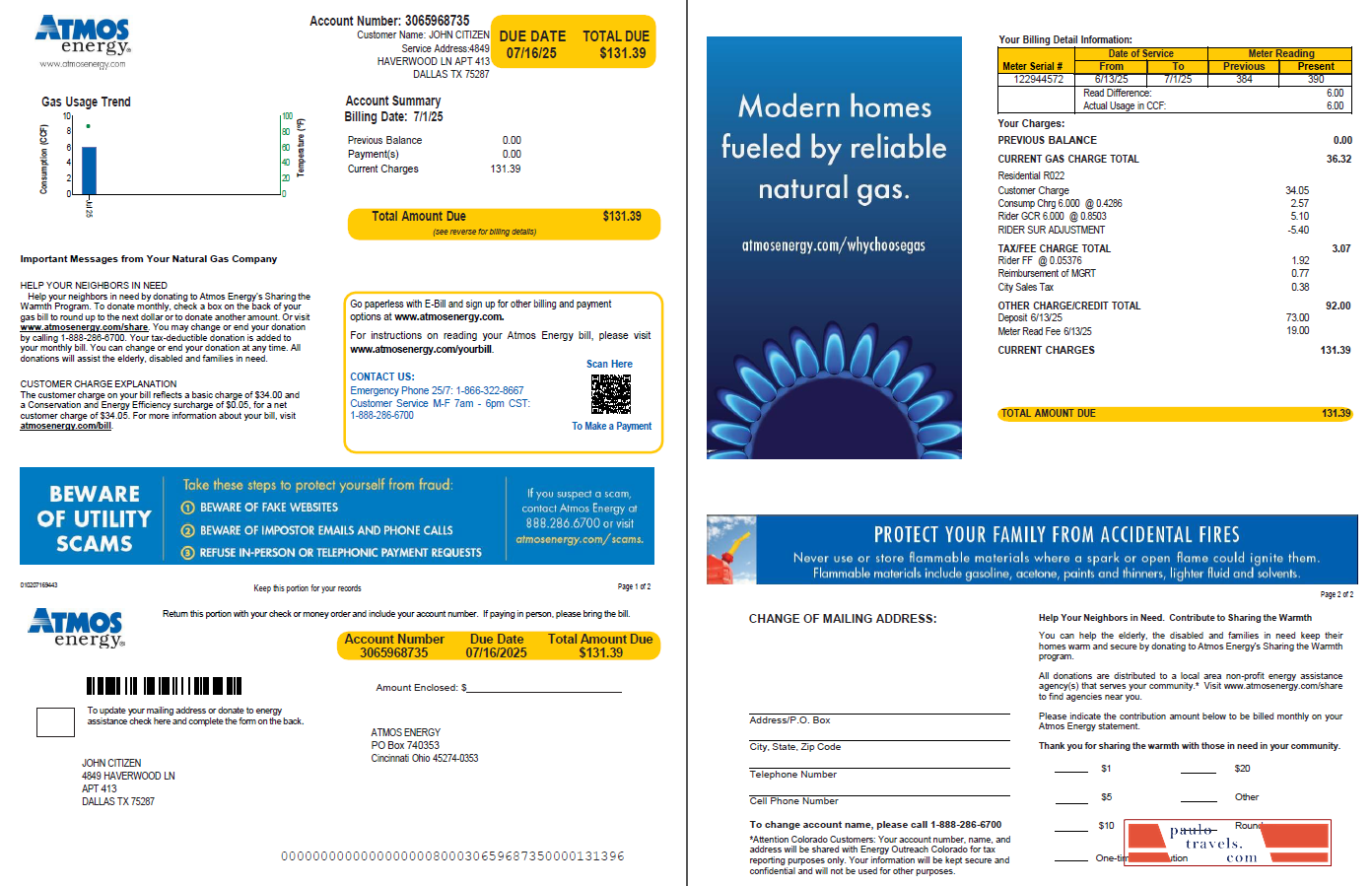 USA Atmos Energy utility bill template in Word and PDF formats, 2 pages